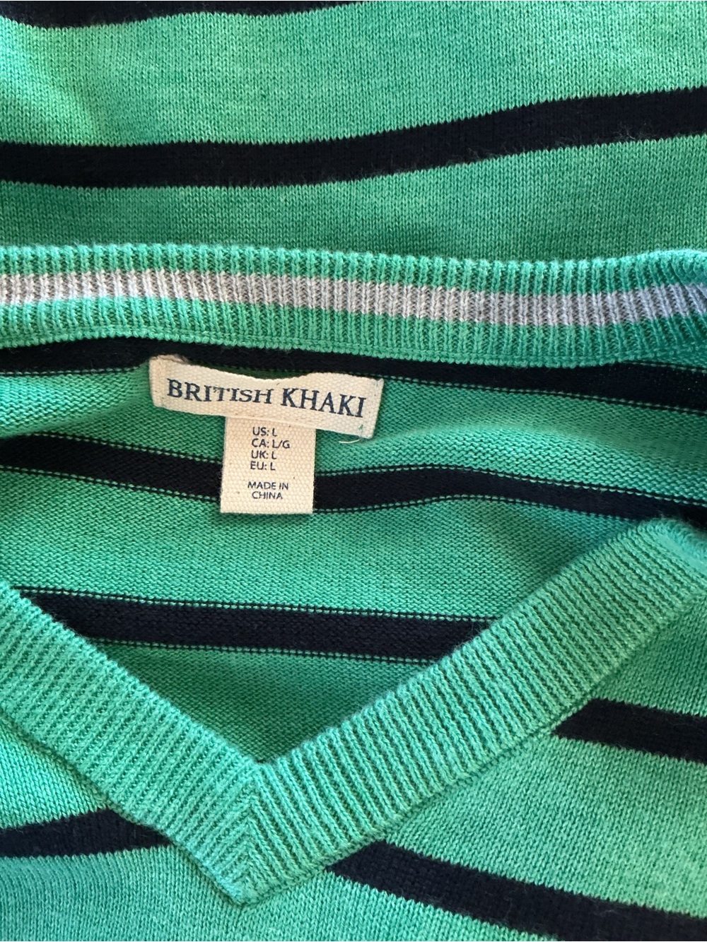 British Khaki Teal and Black Striped V-Neck Sweater Size L - Picture 2 of 7